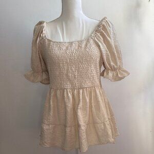 SHEIN Beige Smocked Blouse with Ruffle Sleeves